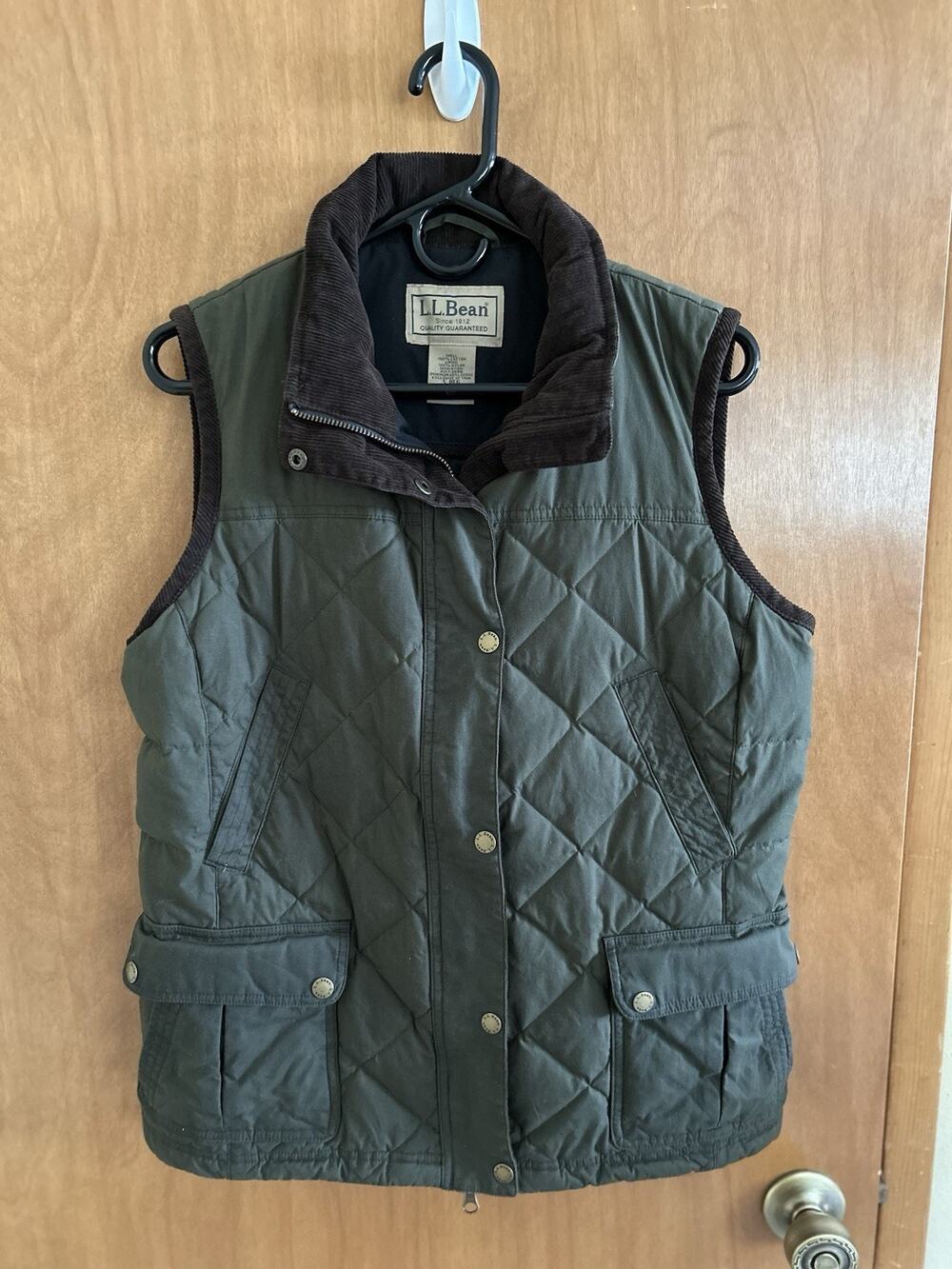 LL Bean Vest Women S Green Quilted Upcountry Waxed Duck Down Zip Corduroy Trim